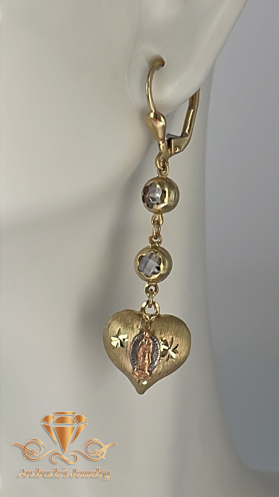 Aretes de corazón con la virgen de Guadalupe tres oros - Imagen 4